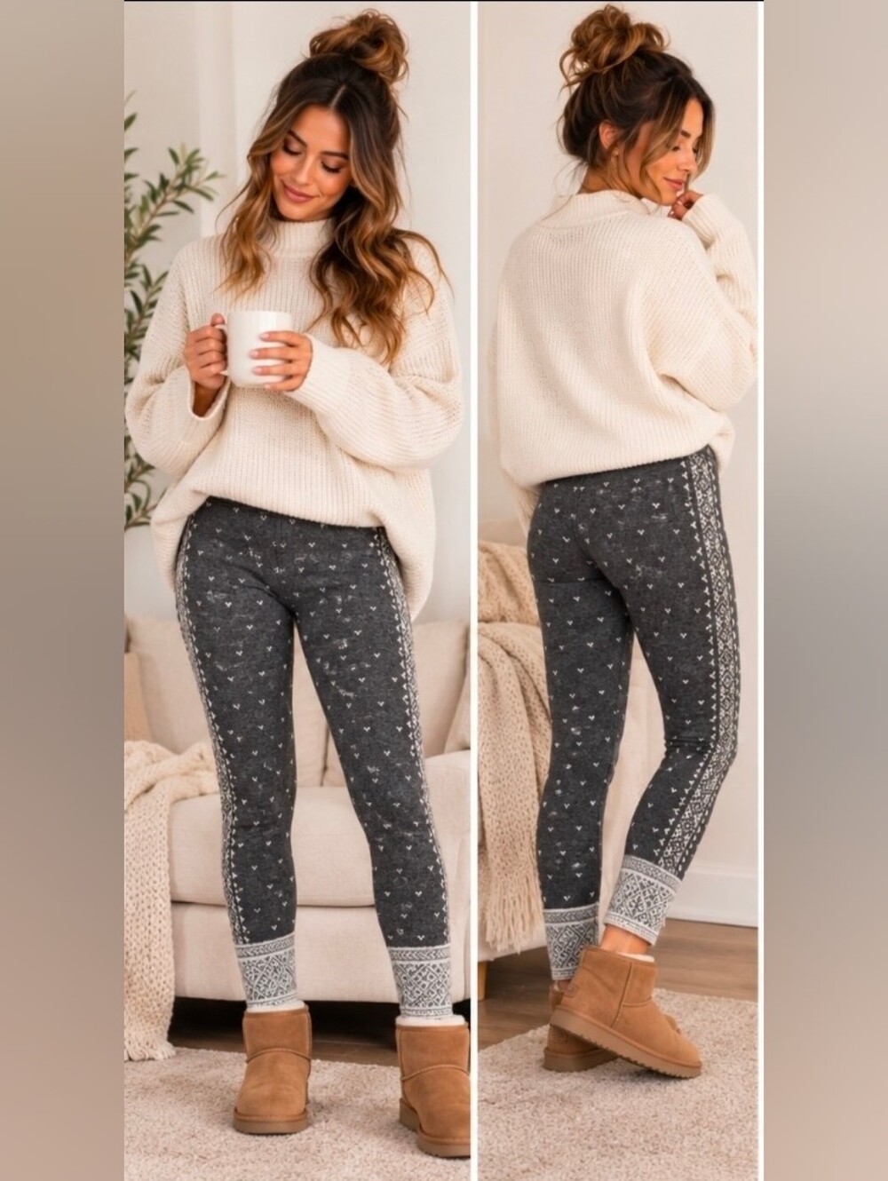 NEW Splendid Fair Isle Leggings S Gray Nordic Print Soft Lounge Pants